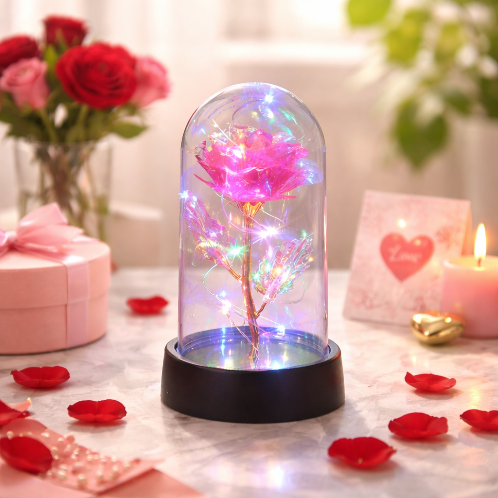 Rosa Eterna de Seda con Luz LED en Cúpula de Vidrio - Envío Local México